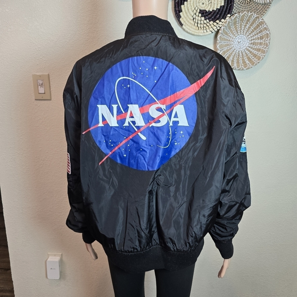 NASA Bomber Jacket With Patches Chemistry Brand Black With Orange Lining Sz Larg - Picture 2 of 16